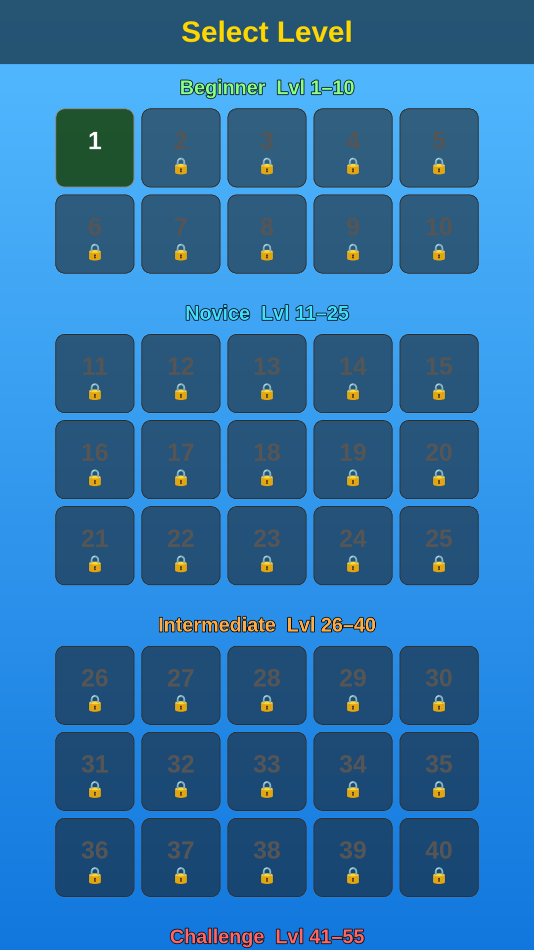 Match 3 Puzzle Gem Blast level selection screen with 60 levels to unlock